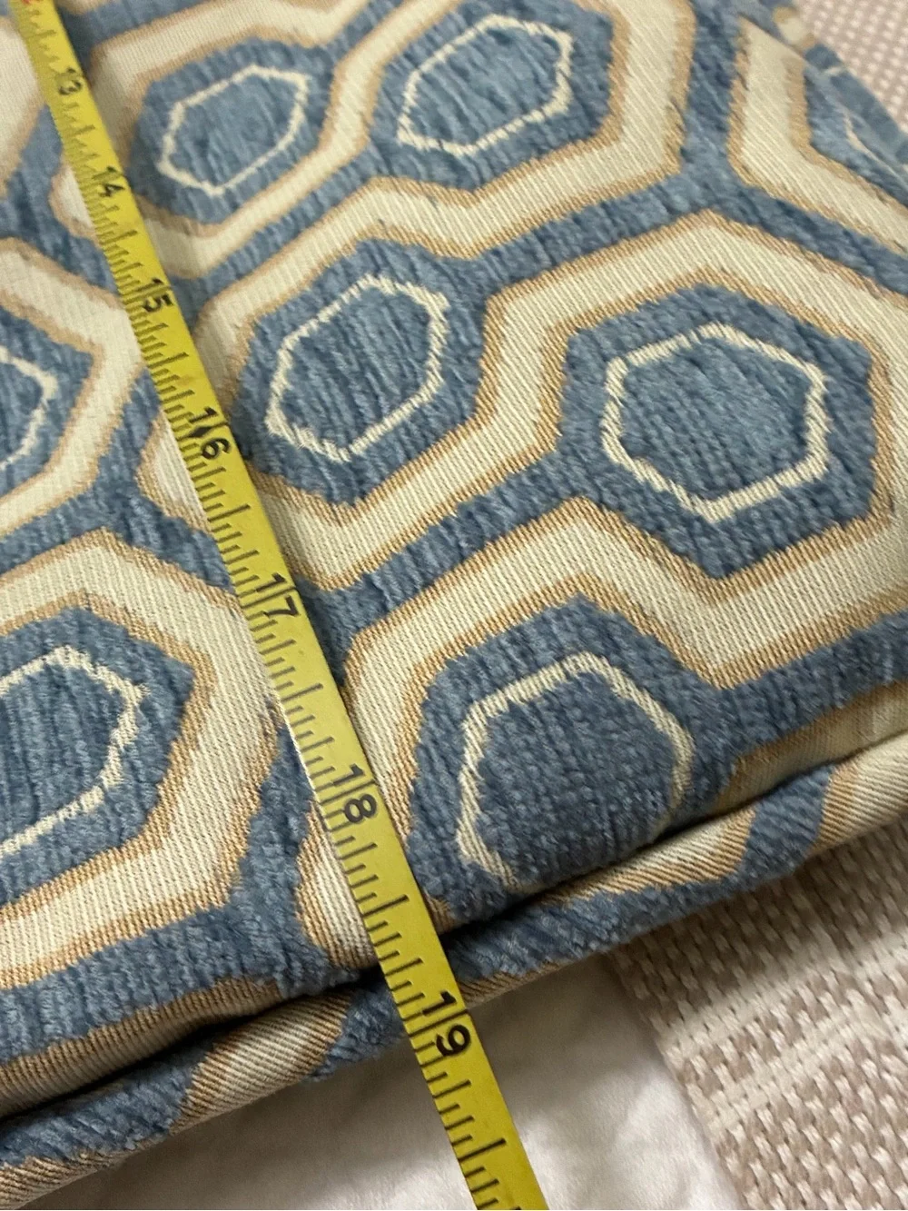 Handmade blue and beige geometric hexagon throw pillow cover 18 x 18“